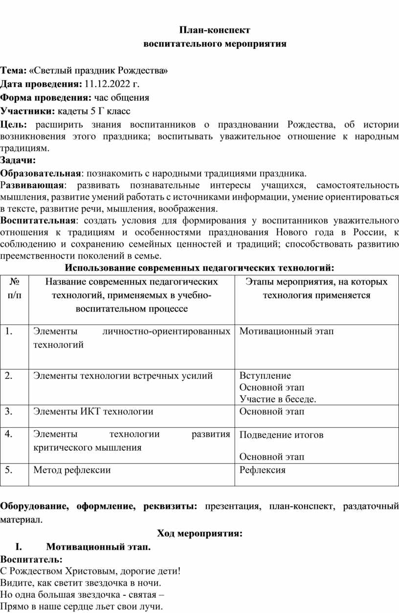 План конспект воспитательного мероприятия по нравственному направлению воспитания