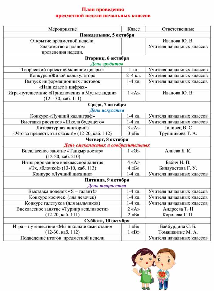 Радужная неделя в начальной школе план мероприятий