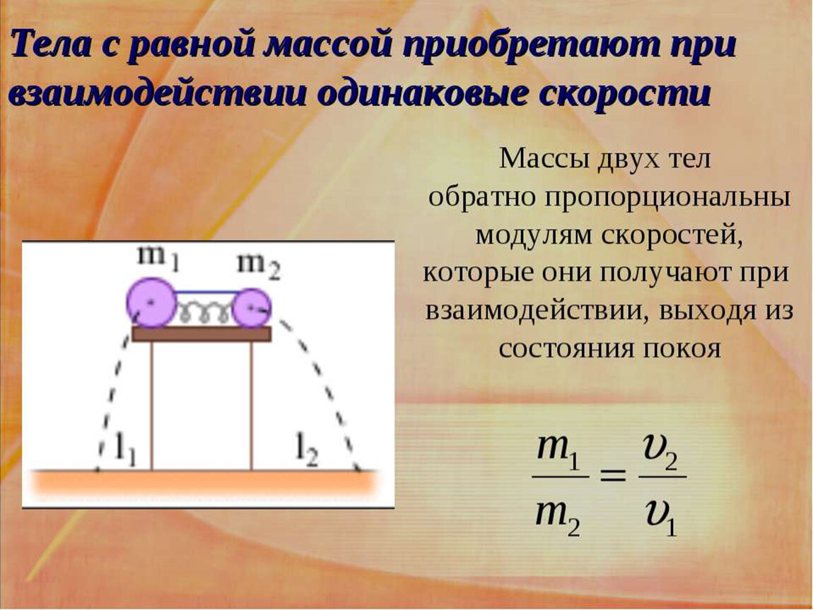 При одинаковой скорости. Два тела массами с одинаковыми массами. Сравнение масс двух тел. Взаимодействие тел сила масса. Отношение масс и скоростей при взаимодействии двух тел.