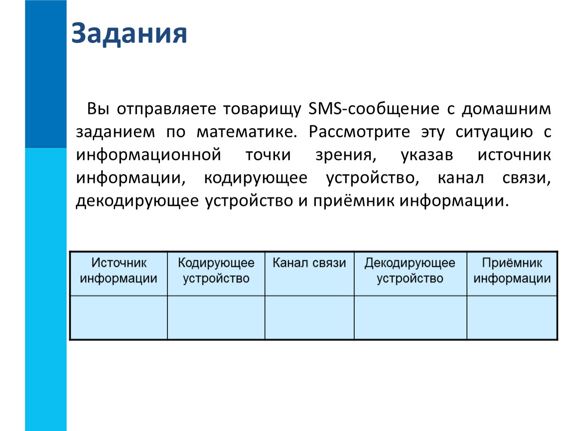 Математическая точка зрения. Задача по теме информационные процессы. Источник информации кодирующее устройство. Ситуации с информационной точки зрения. Задания по теме информация и информационные процессы.