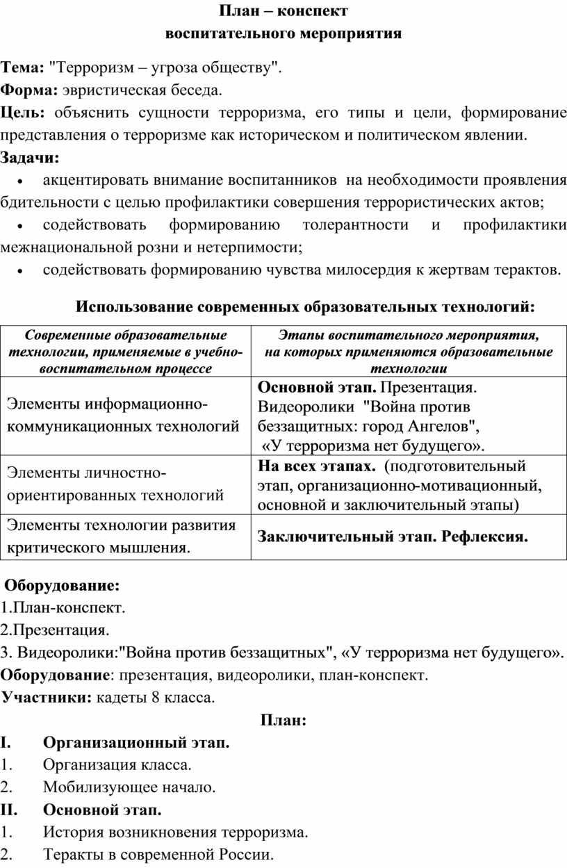 План конспект воспитательного мероприятия