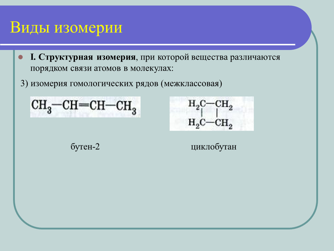 Привести пример изомерии. Межклассовый изомер бутена 2. Бутен 2 Тип изомерии. Изомеры типы изомерии. Структурные изомеры циклобутана.