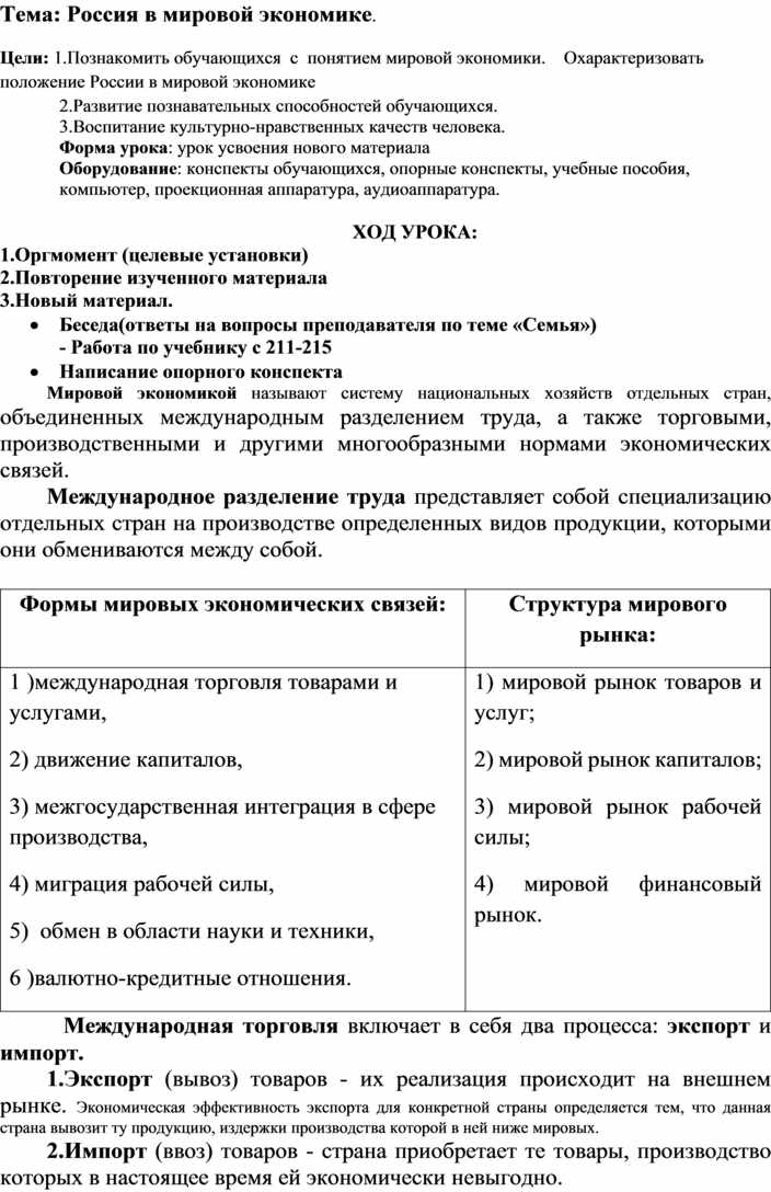 План по теме мировая торговля обществознание егэ