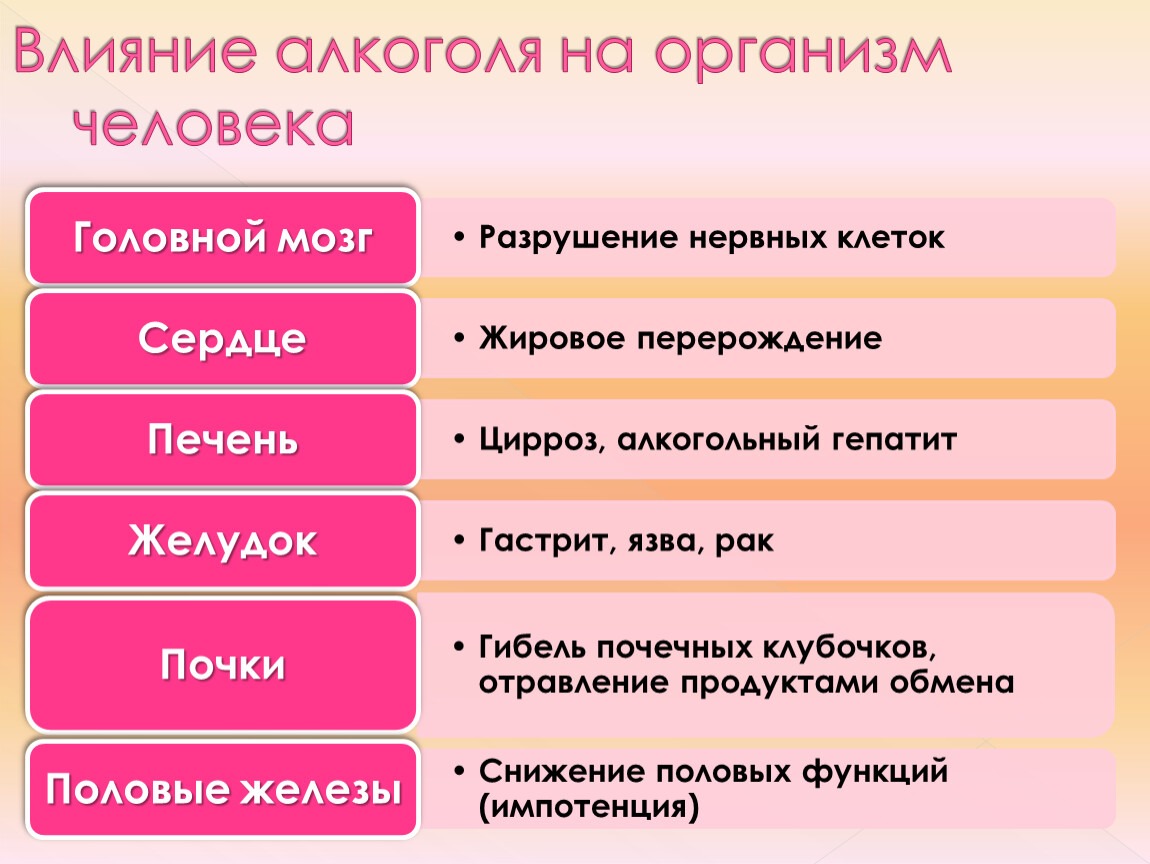 Рассмотрите схему подготовьте краткую справку на какие системы органов влияет отрицательно алкоголь