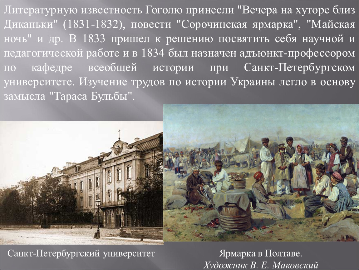 Какое произведение принесло известность н в гоголю. Презентация вечера на хуторе близ Диканьки Сорочинская ярмарка. Полтавская Губерния Гоголь. Какое произведение принесло Гоголю известность.