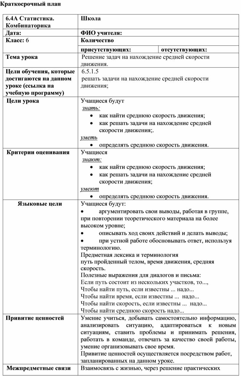 6.4А. Решение задач на нахождение средней1. Краткосрочный план