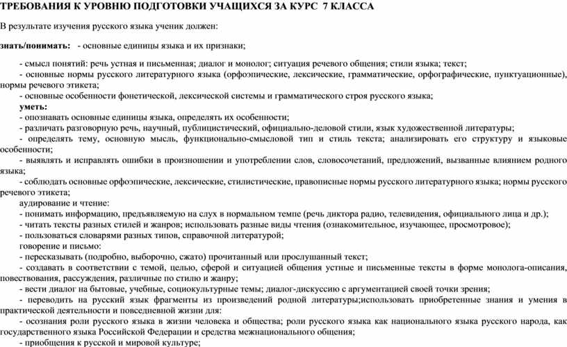 ТРЕБОВАНИЯ К УРОВНЮ ПОДГОТОВКИ