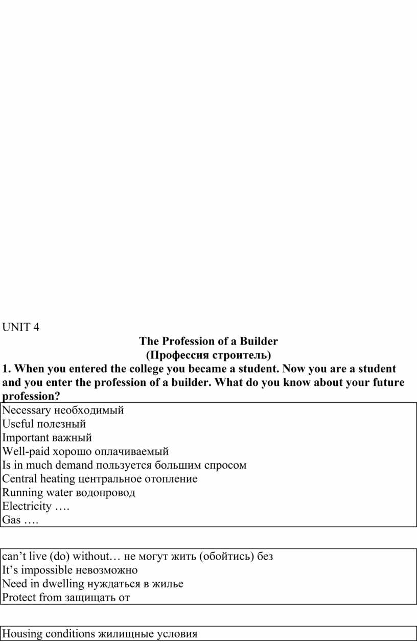 UNIT 4 The Profession of a Builder (