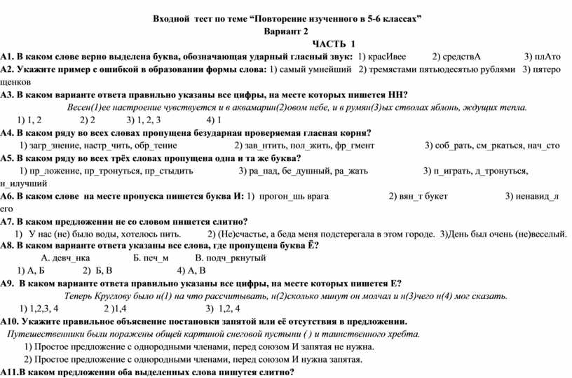 Контрольная по русскому 6