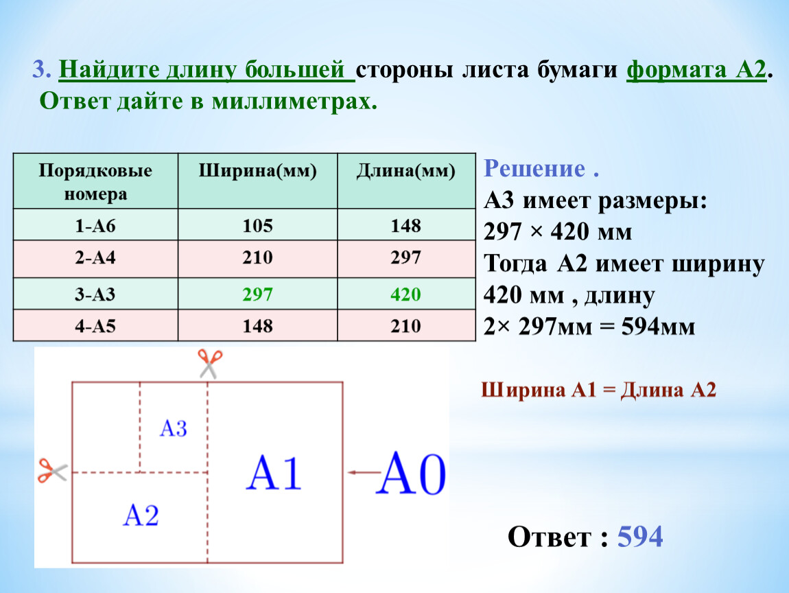 Найдите отношение длины большей стороны. Найдите длину большей стороны листа бумаги. Ширина листа бумаги а1 в миллиметрах. Отношение меньшей стороны листа формата к большей. Найдите длину большей стороны листа формата а2.