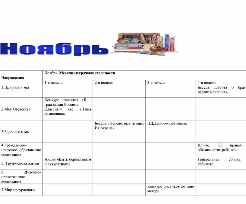 План сетка воспитательной работы в 1 классе