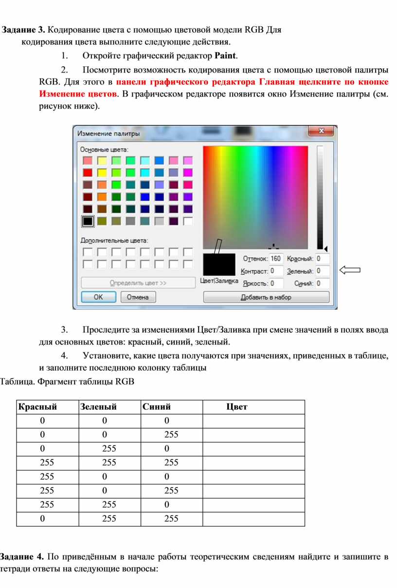 Кодирование цвета таблица