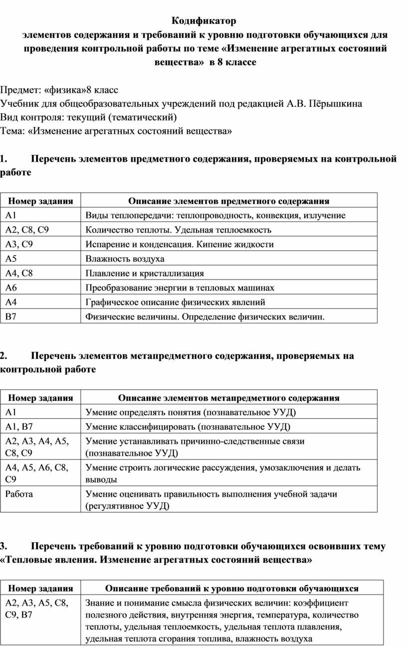 009_8 - Контрольная работа № 2 по теме Изменение агрегатных состояний  вещества