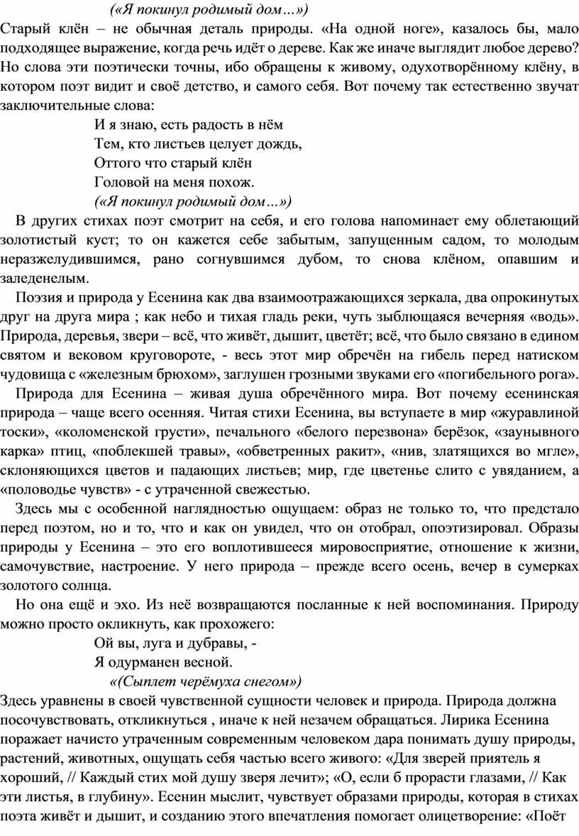 Методическая разработка к уроку литературы в 11 классе «Система поэтических  образов в пейзажной лирике С. А. Есенина»