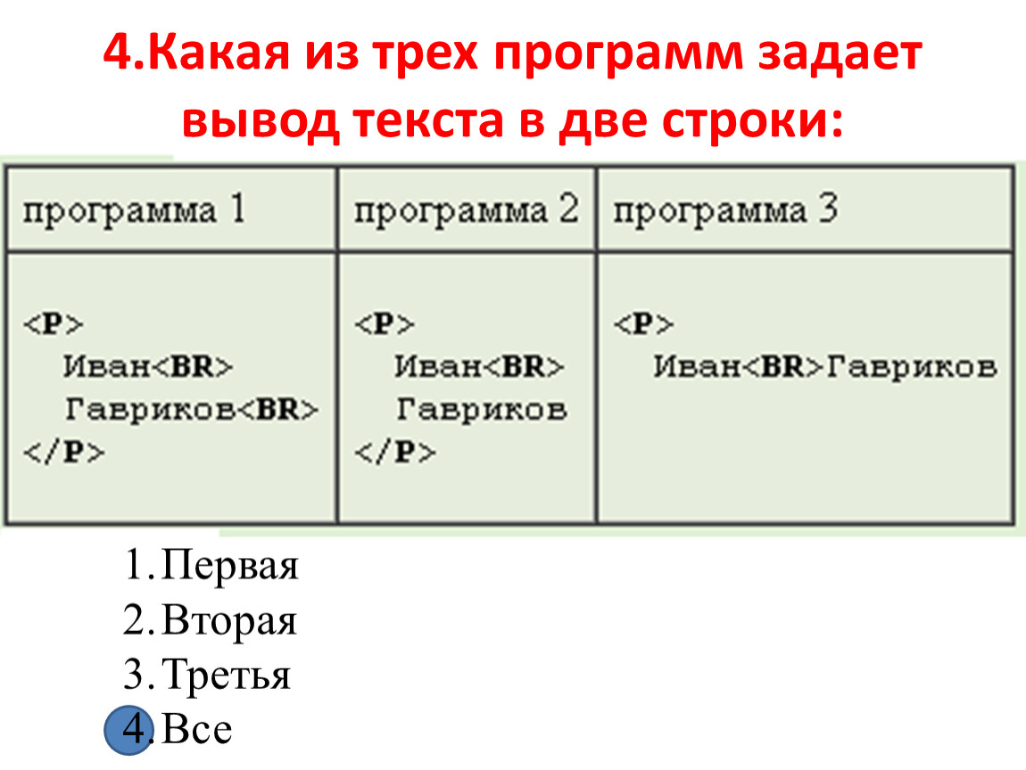 Задать вывести. Какие из трех вариантов задают вывод текста в две строки?. Какой html -код задает вывод текста в две строки. Какие варианты задают вывод текста в две строки?.