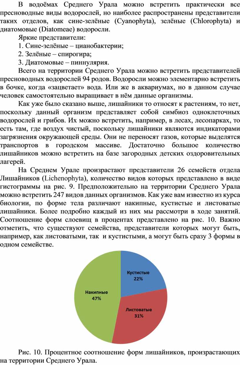 В водоёмах Среднего Урала можно встретить практически все пресноводные виды водорослей, но наиболее распространены представители таких отделов, как сине-зелёные (Cyanophyta), зелёные (Chlorophyta) и диатомовые (Diatomeae)…