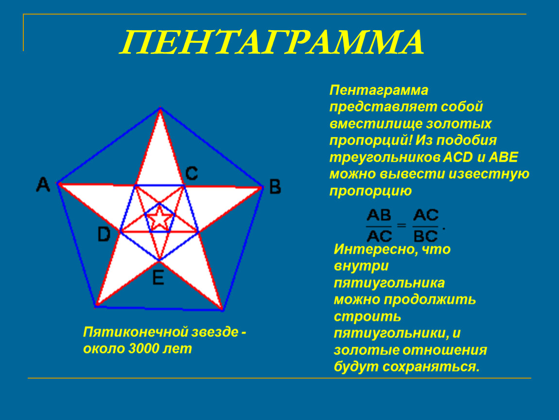 ПЕНТАГРАММА Пентаграмма представляет собой вместилище золотых пропорций!