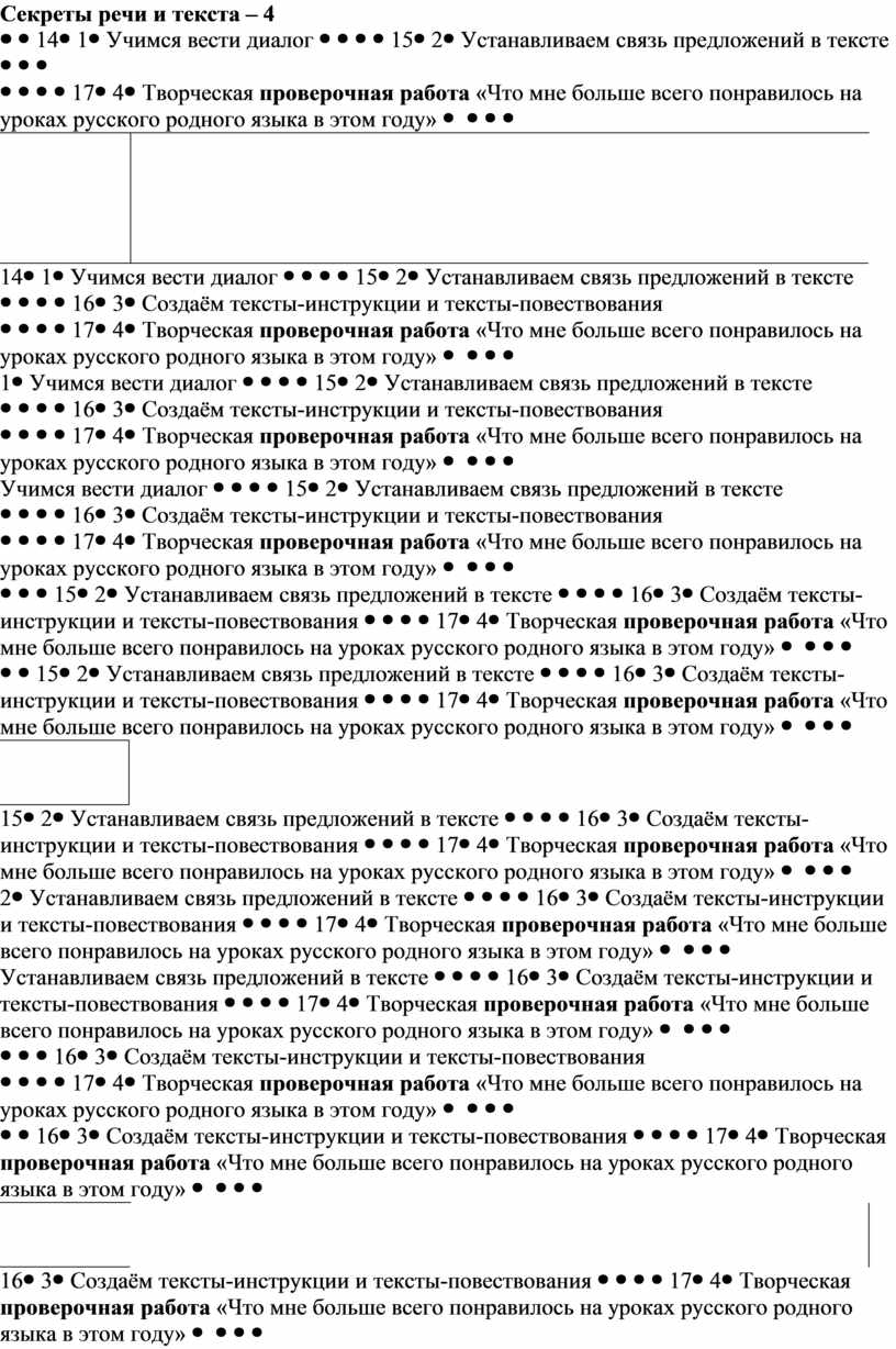 Секреты речи и текста – 4 141Учимся вести диалог 152Устанавливаем связь предложений в тексте 163Создаём тексты-инструкции и тексты-повествования 174Творческая проверочная работа «Что мне больше всего…
