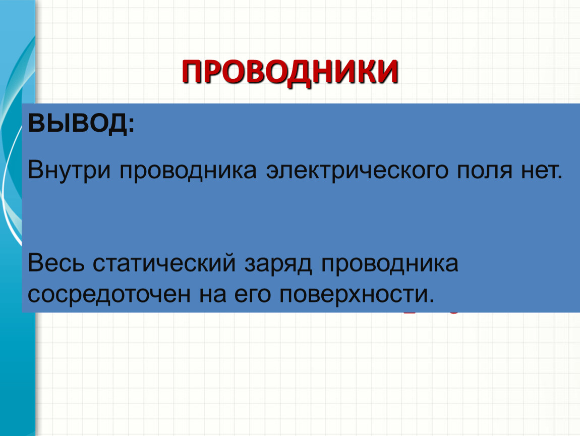 Е = 0 перераспределение заряженных частиц внутри вещества приводит к появлению внутреннего индуцированного электрического поля, которое полностью компенсирует внешнее поле; напряженность электрического поля внутри проводника…