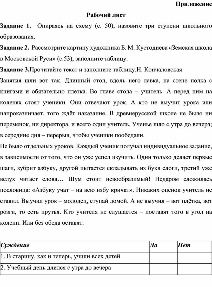 Приложение Рабочий лист Задание 1
