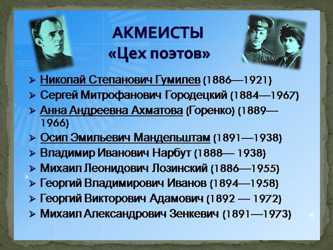 Поэты перечень. Цех поэтов Николая Гумилева. Поэты акмеисты серебряного века. Николай Степанович Гумилев цех поэтов. Поэты акмеисты серебряного века список.