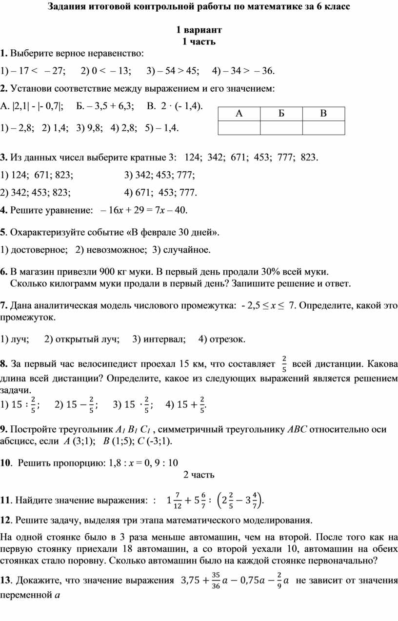 Административная контрольная работа по математике 6 класс