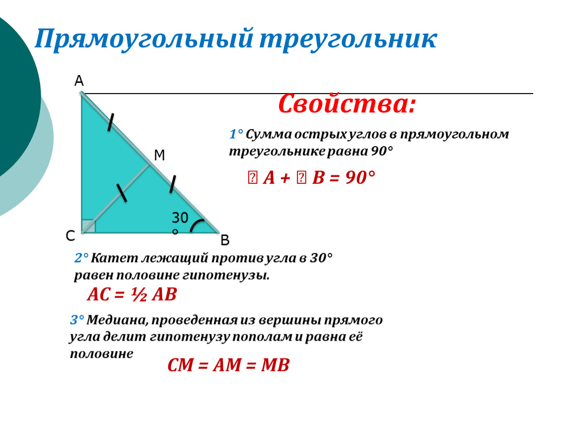 Гипотенуза лежит против прямого угла. Прямоугольный треугольник 90 градусов теорема. 1 Свойство прямоугольного треугольника. Свойства прямоугольного треугольника с углом 30 градусов и медианой. Треугольник с гипотенузой и углом 90.