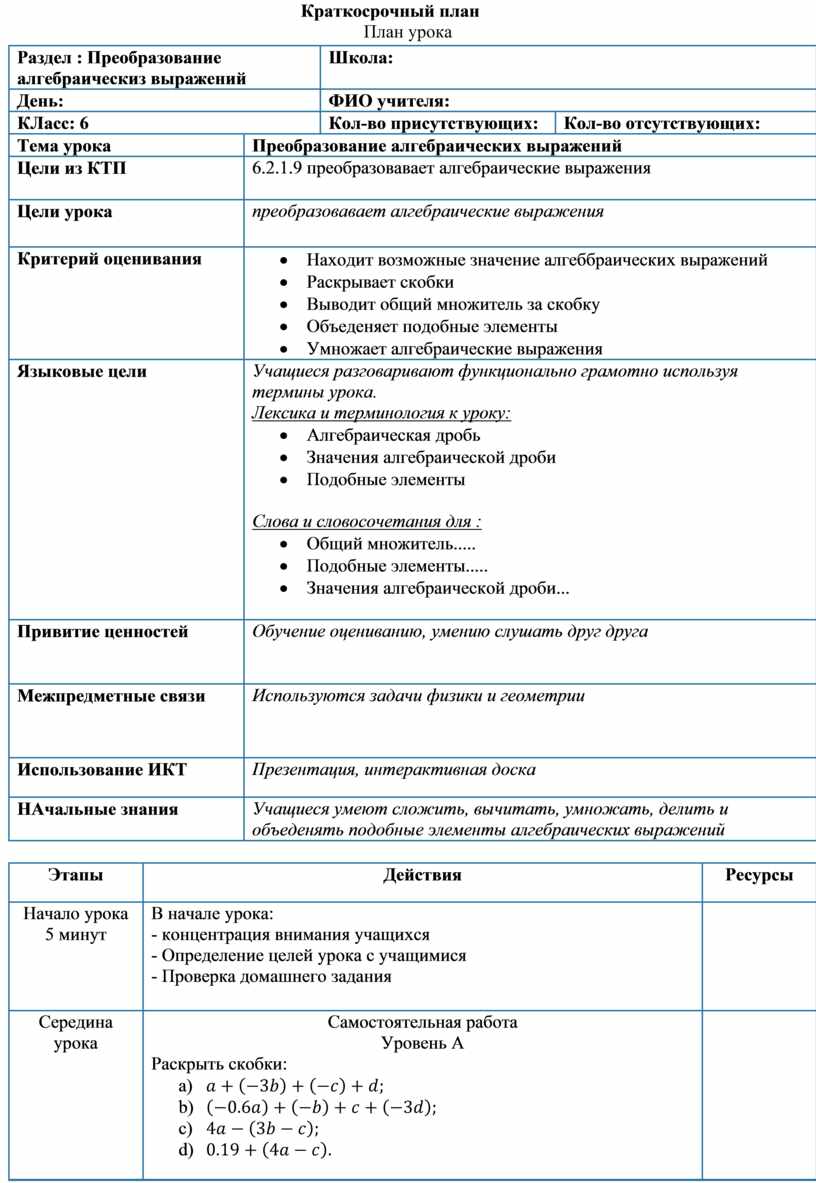 Структура краткосрочного плана урока