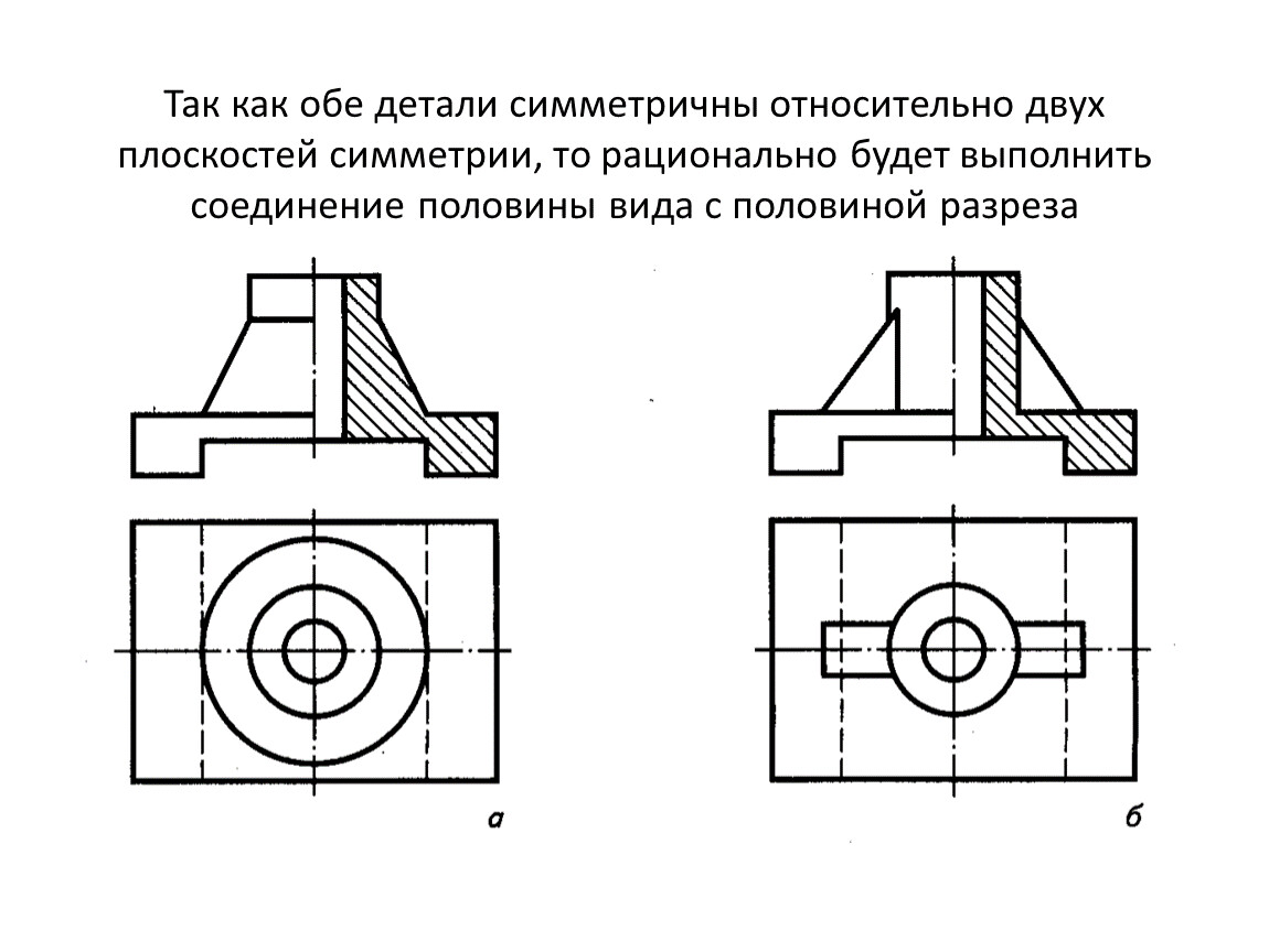 Завершите изображение соединив на месте вида спереди половину вида и половину разреза