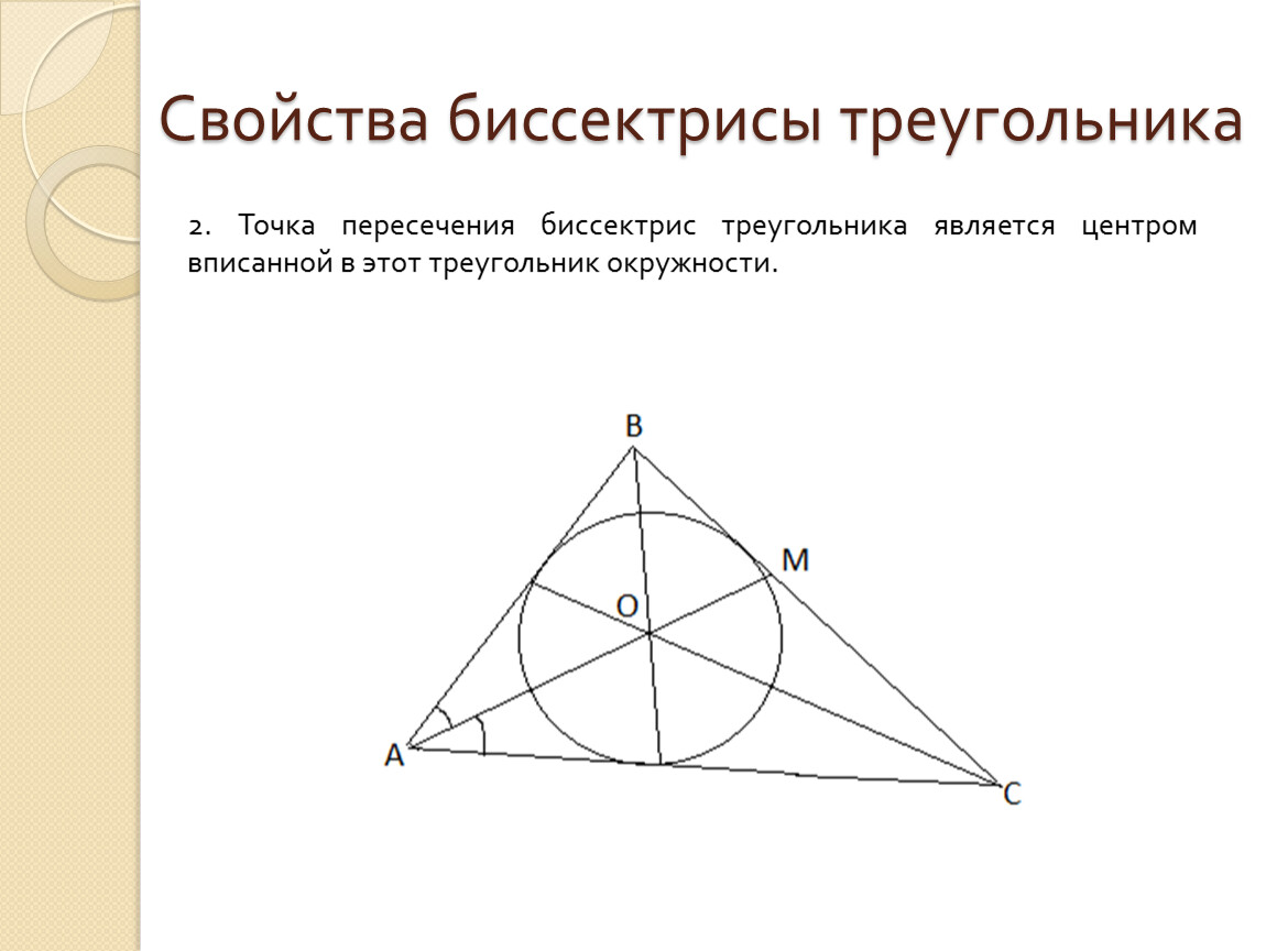 Признак биссектрисы угла треугольника. Теорема о пересечении биссектрис треугольника. Пересечение биссектрис в треугольнике свойства. Точка пересечения биссектрис в прямоугольном треугольнике. Свойство биссектрисы треугольника.