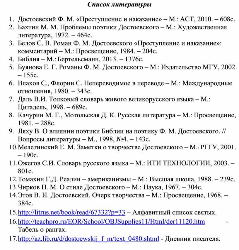 Список литературы 1. Достоевский