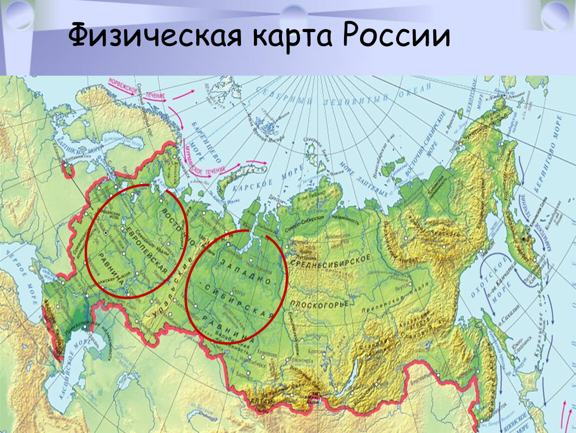 Физическая карта России с горами и равнинами и хребтами