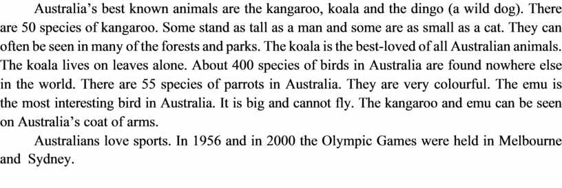 Australia’s best known animals are the kangaroo, koala and the dingo (a wild dog)