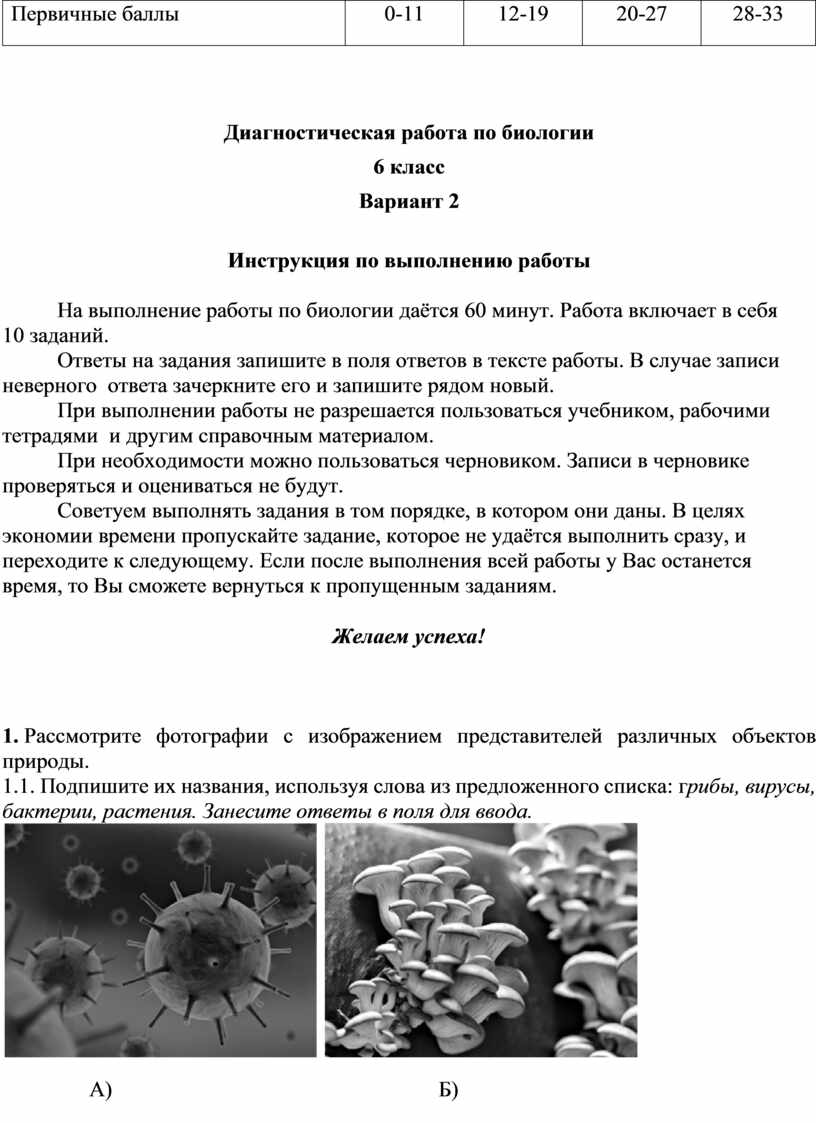 Диагностическая работа по биологии в формате ВПР. 6 класс.1-2 вариант.