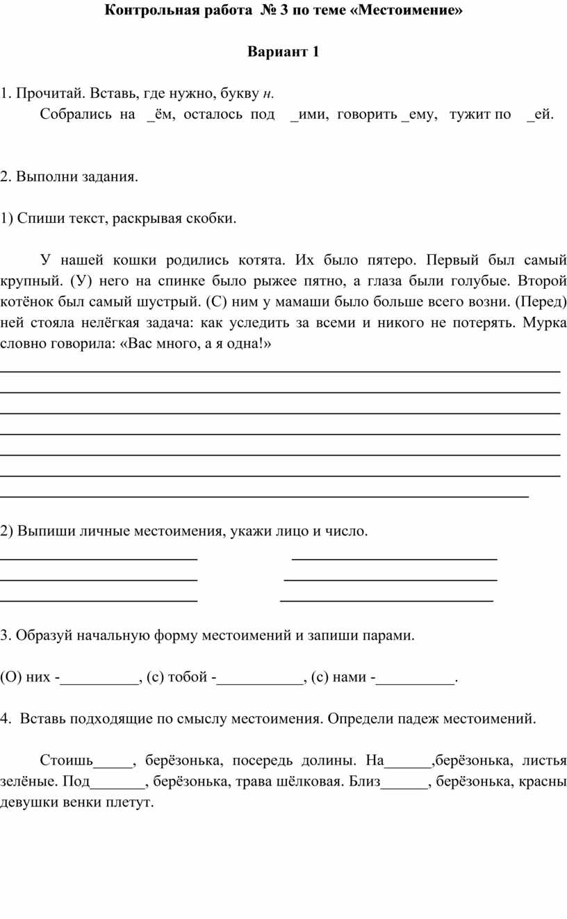 Контрольная работа № 3 по теме «Местоимение»