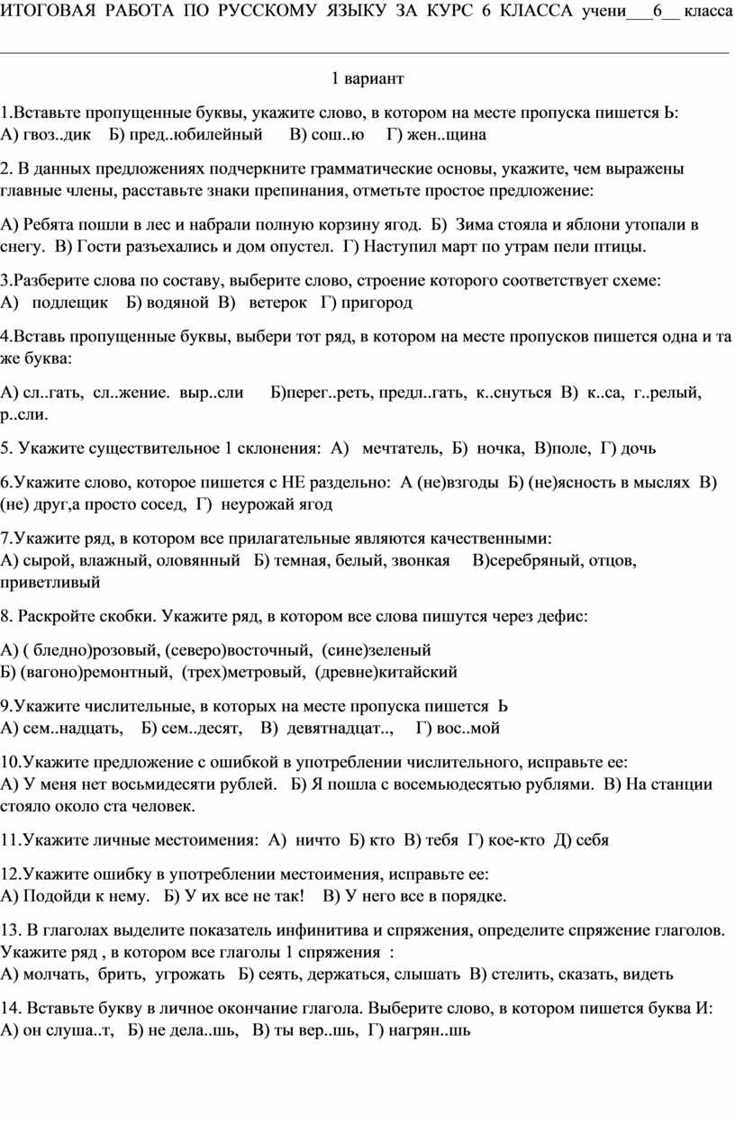 ИТОГОВАЯ РАБОТА ПО РУССКОМУ ЯЗЫКУ ЗА КУРС 6 КЛАССА