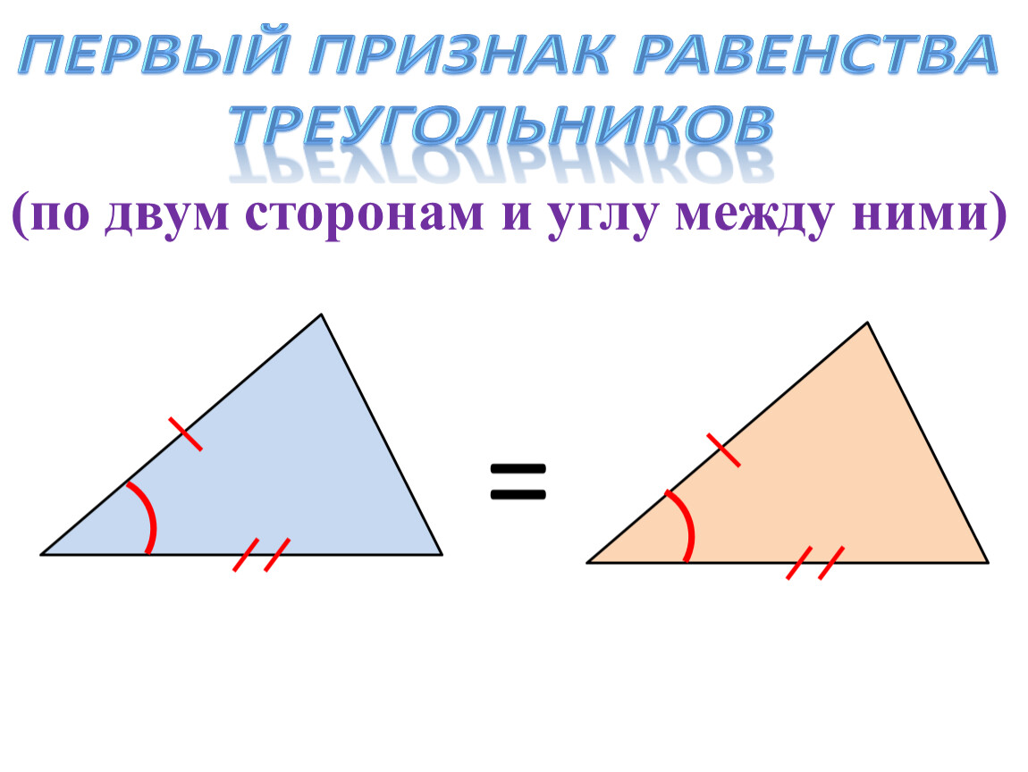 1 признак равенства прямых треугольников. Теорема о равенстве треугольников по двум сторонам и углу между ними. 1 Признак равенства треугольников. 1ый признак равенства треугольников. Теорема первый признак равенства треугольников.