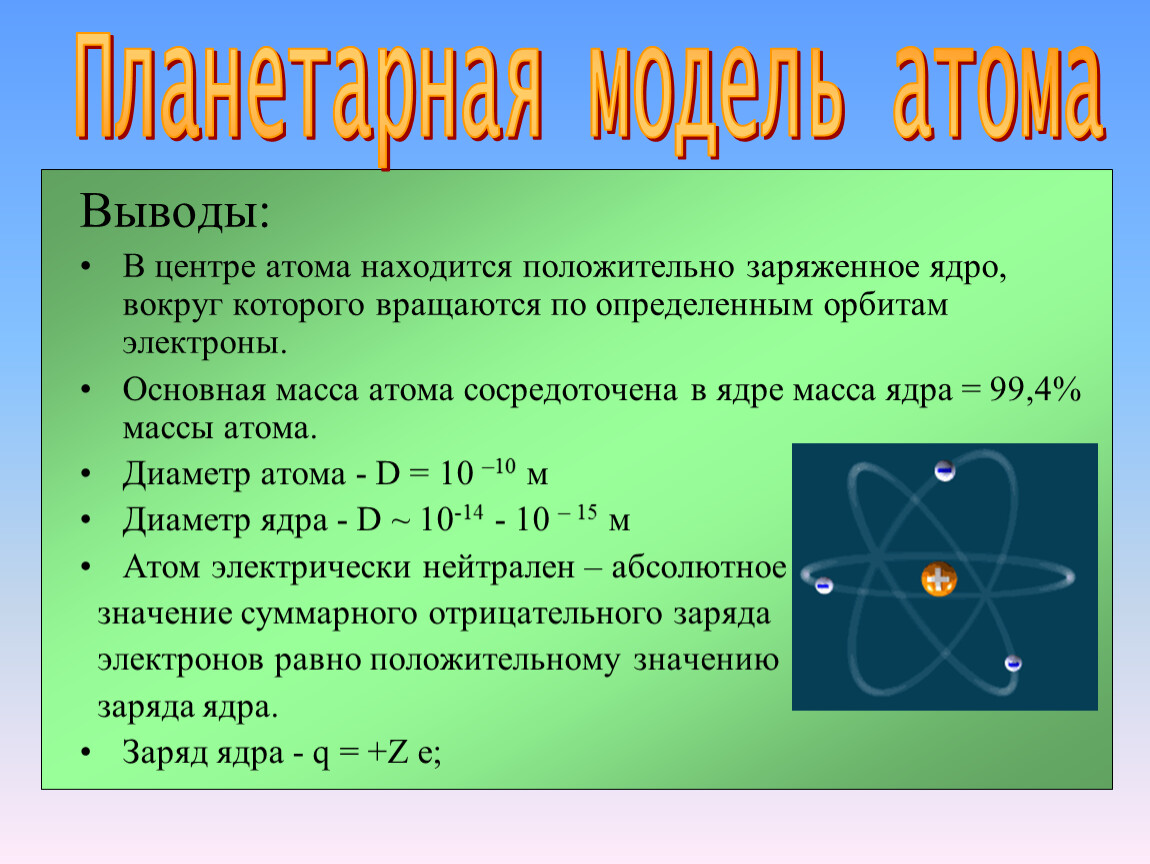 Электрон главная. В центре атома находится положительно заряженное ядро. Каков диаметр атома. Какой диаметр атома. Строение атома вывод.