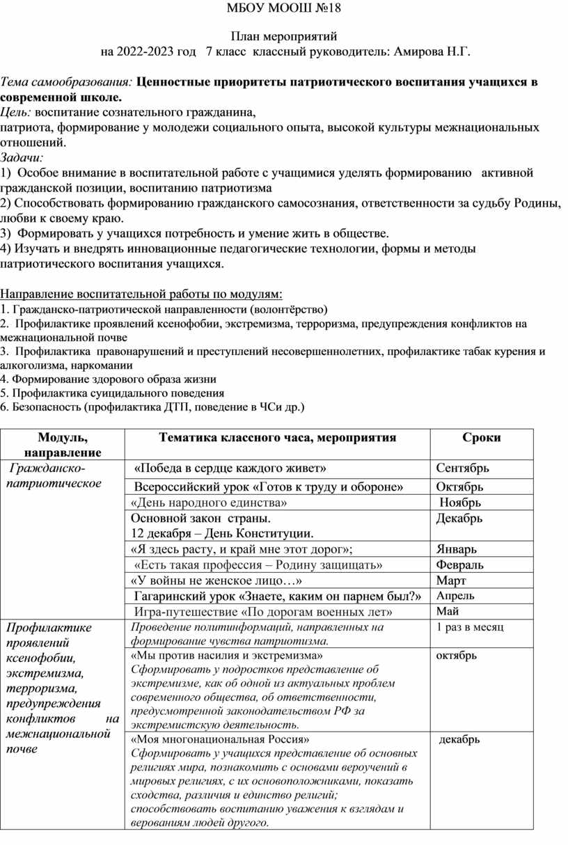 Ценностные приоритеты патриотического воспитания учащихся в современной школе план самообразования