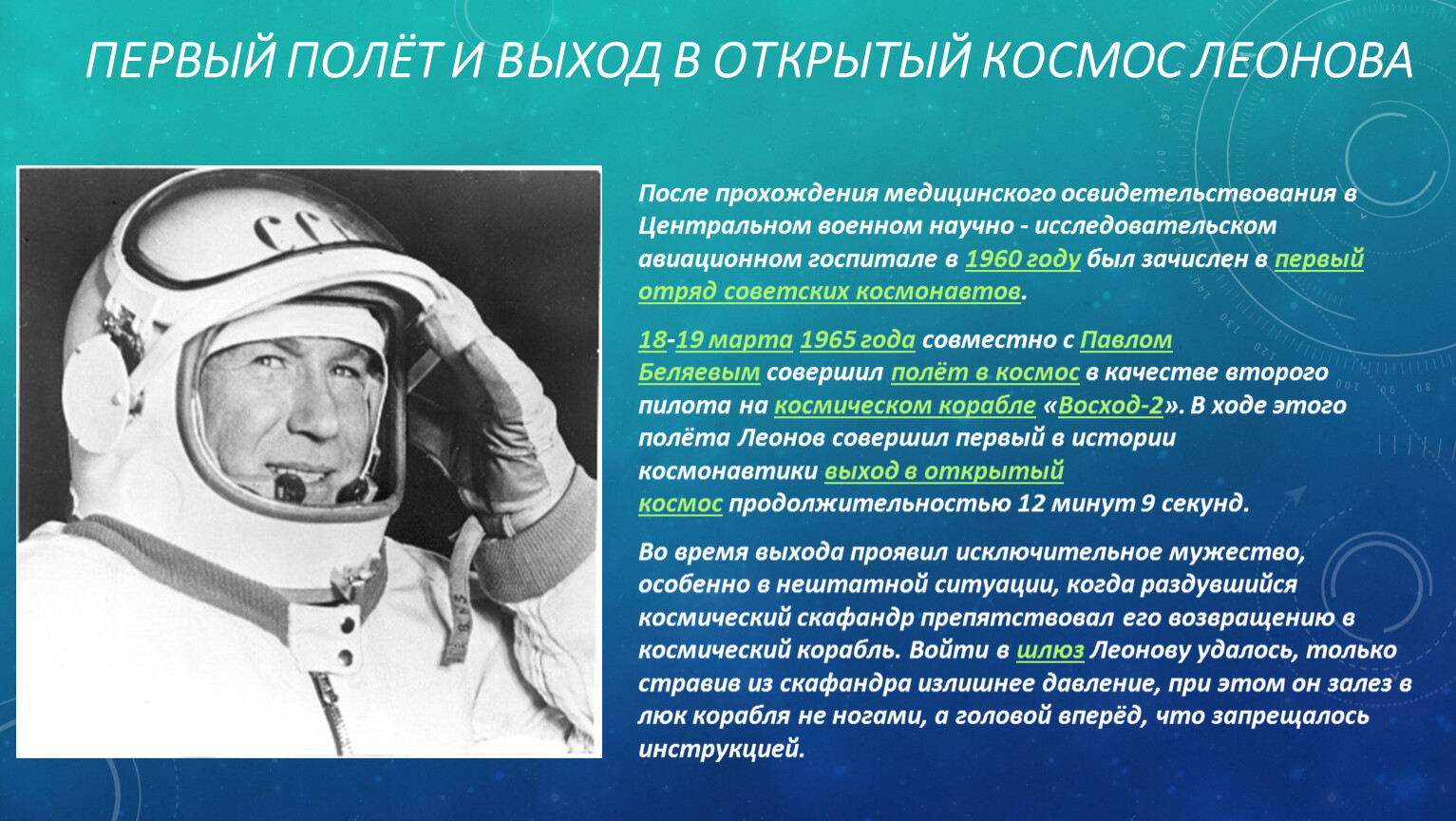 Какое имя носил 1 спутник. Леонов космонавт первый полет.