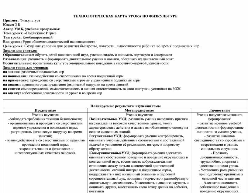 Технологическая карта урока по физре 3 класс