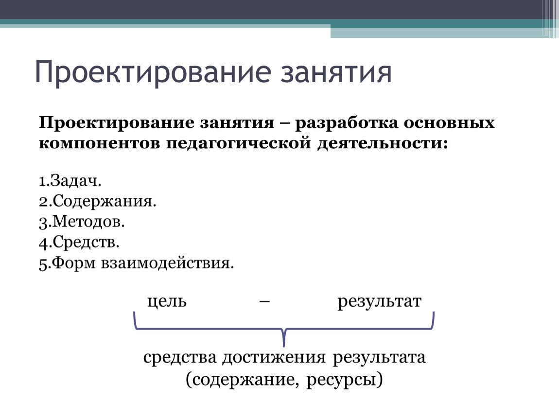Проектирование занятия Проектирование занятия – разработка основных компонентов педагогической деятельности: 1