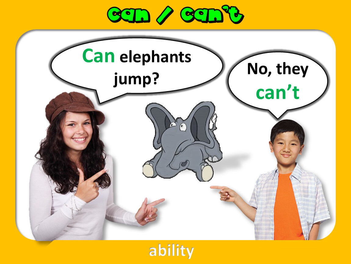 An Elephant can Jump. Elephants can't Jump. Can. They can't. Can an elephant jump