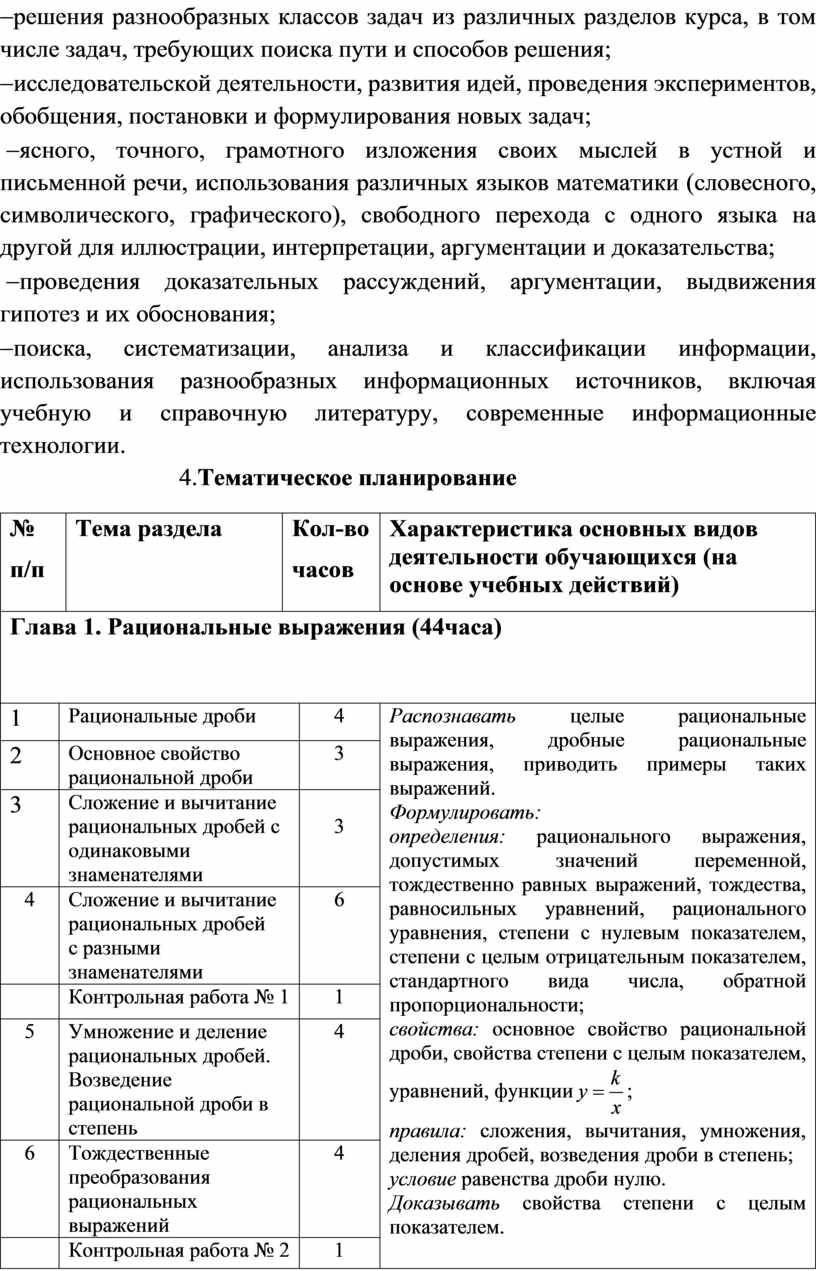 Адаптированная рабочая программа по алгебре 8 класс