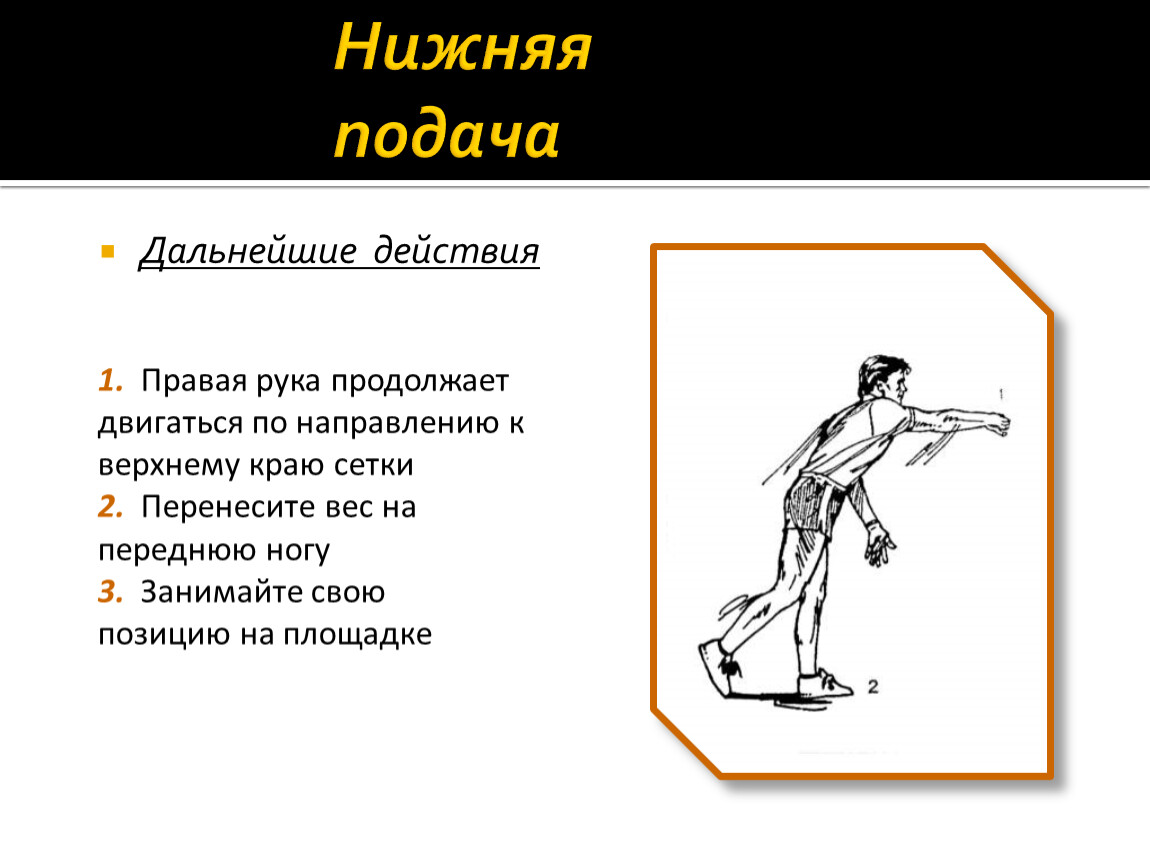 Дальнейшие действия. Переносит вес на одну ногу. Перенести вес но одни ногу. Цель в проекте нижней подачи. Положение рук при нижней подаче относительно пола.