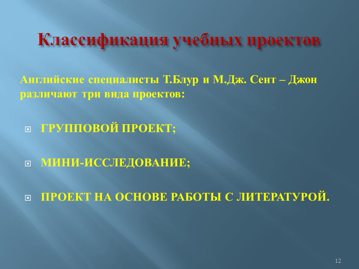 Современная классификация учебных проектов