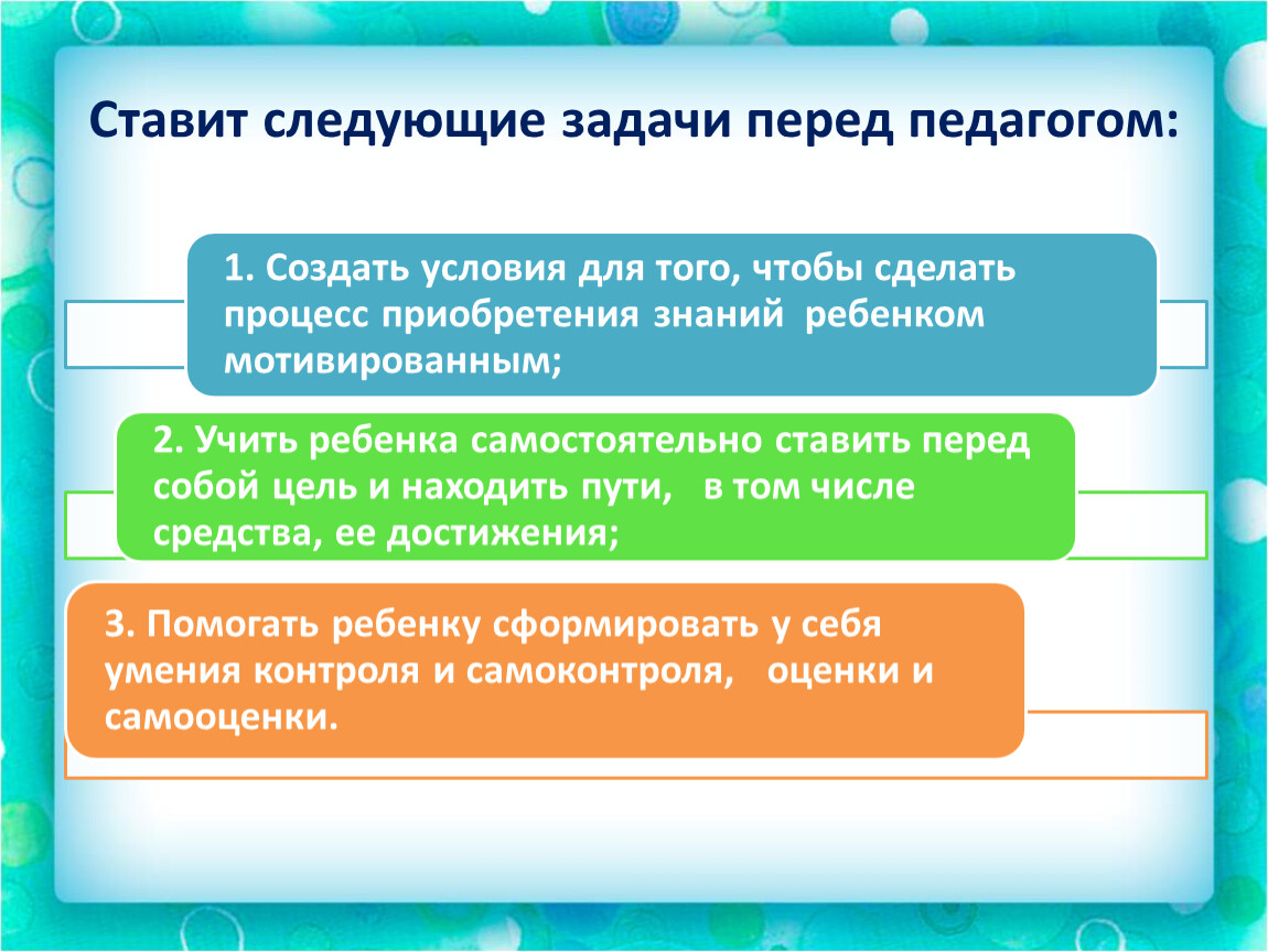 Поставить следующий. Обучение с учителем включает в себя следующие задачи. Основные задачи, стоящие перед педагогикой это:.