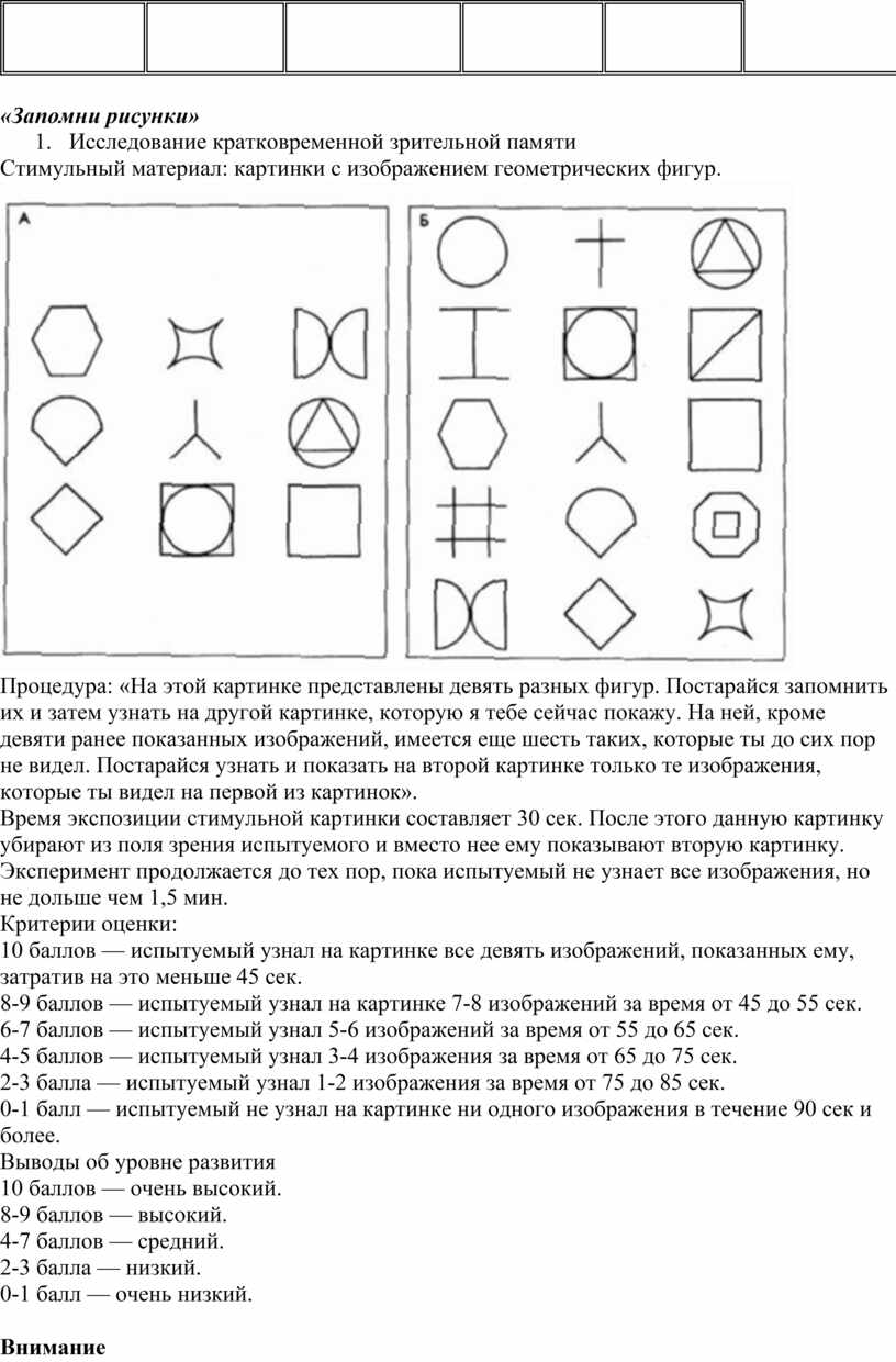 Запомни рисунки определение объема кратковременной зрительной памяти 3 5 лет