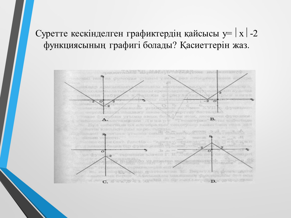 Суретте кескінделген графиктердің қайсысы y= x -2 функциясының графигі болады? Қасиеттерін жаз