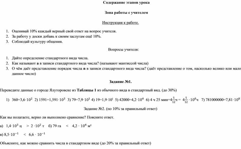 Содержание этапов урока Зона работы с учителем